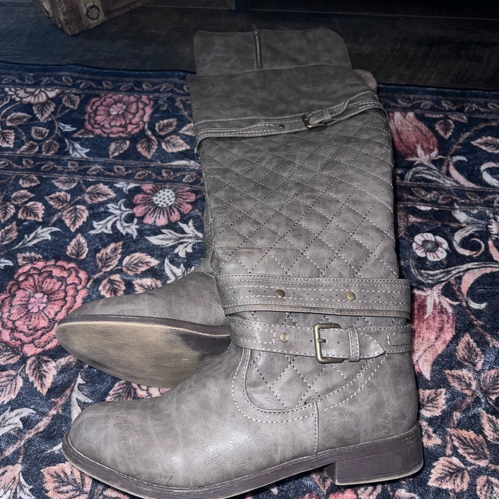 JustFab Quilted Buckle Mid-Calf Boots - Gray